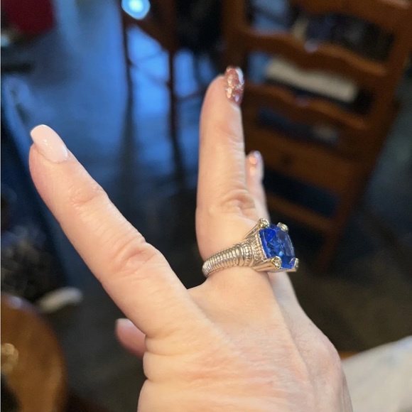 Judith Ripka, 925 silver and 18 karat yellow gold cushion cut blue stone size 6 - Picture 8 of 13